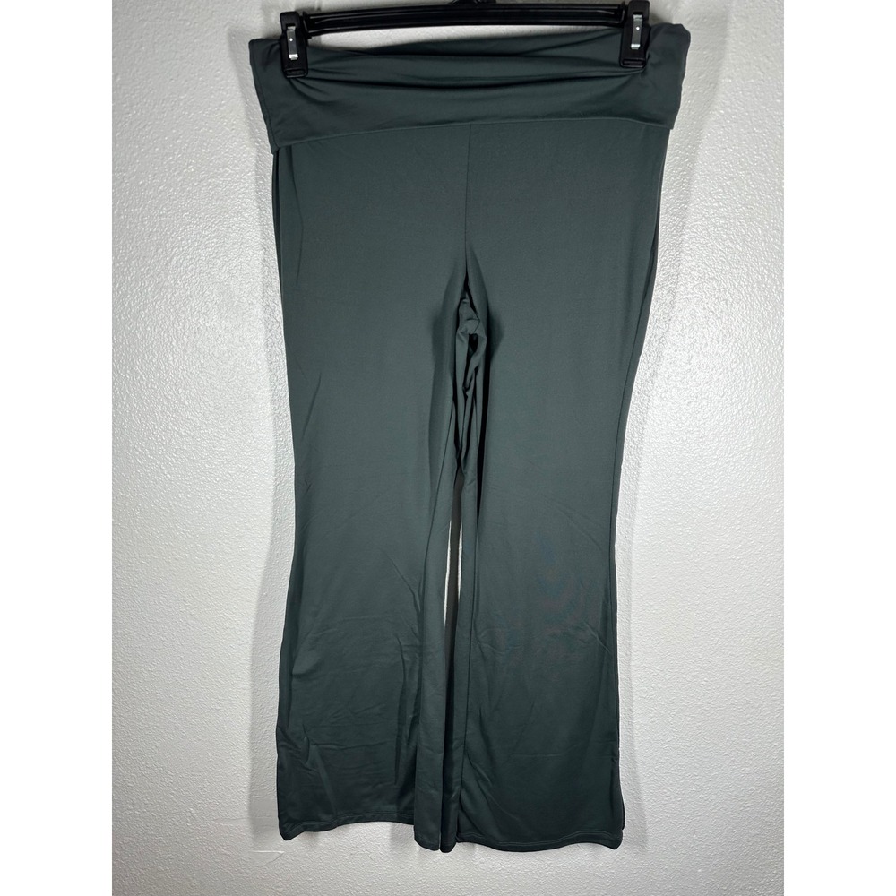 LA Glow Yoga Pants Womens L Green Fold Over Waist Flare Leg Athletic Loungewear